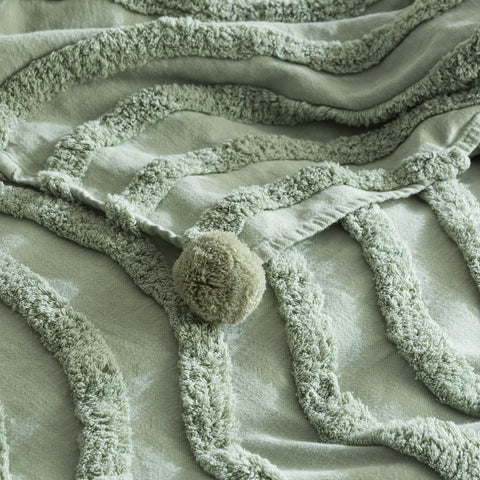 Renee Taylor Wave Cotton Chenille Vintage Wash Tufted Sage Throw 130 x 200cm