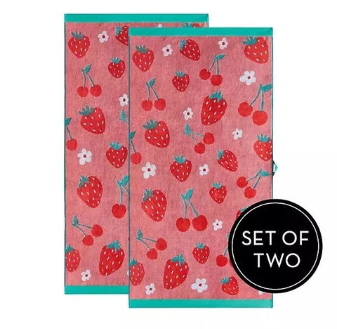 Renee Taylor 2 Pack Jacquard Velour Beach Towel 75 x 150cm Strawberry Cherry
