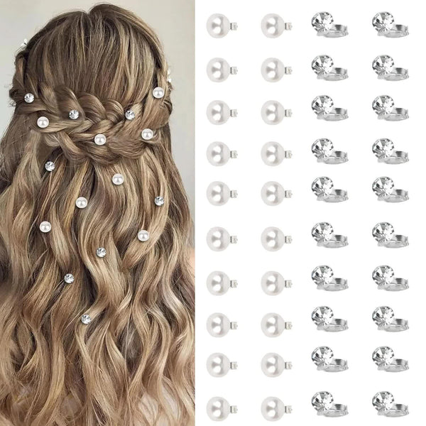 40 Pce Mini Rhinestone Crystal Pearl Hair Clips Silver White Wedding Bridal