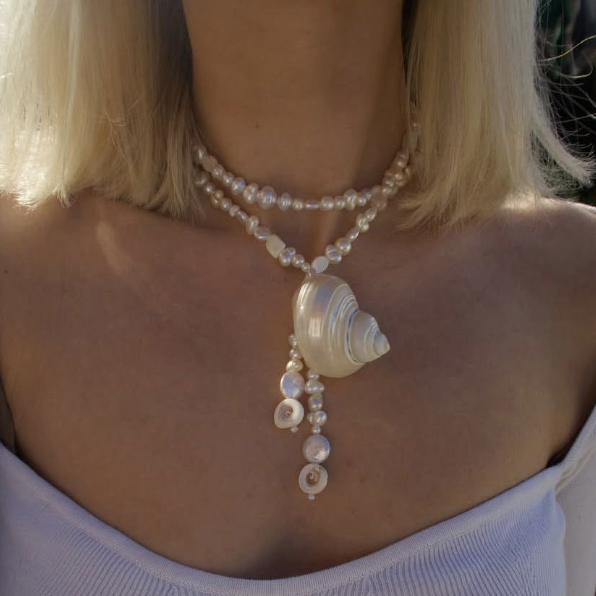 Conch Shell Pearl Pendant Necklace Retro Vintage Style 90cm