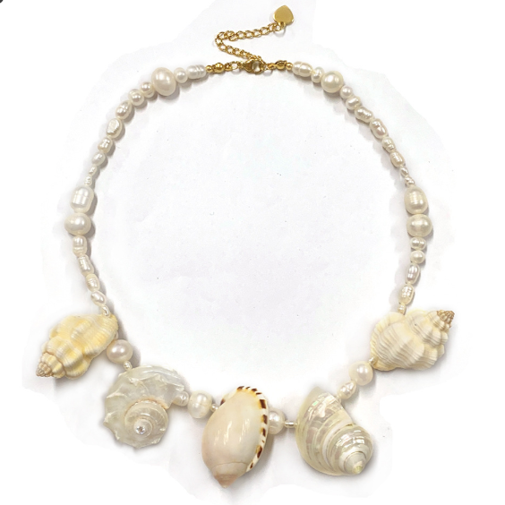 Conch Cowrie Shell Pearl Pendant Necklace Retro Vintage Style