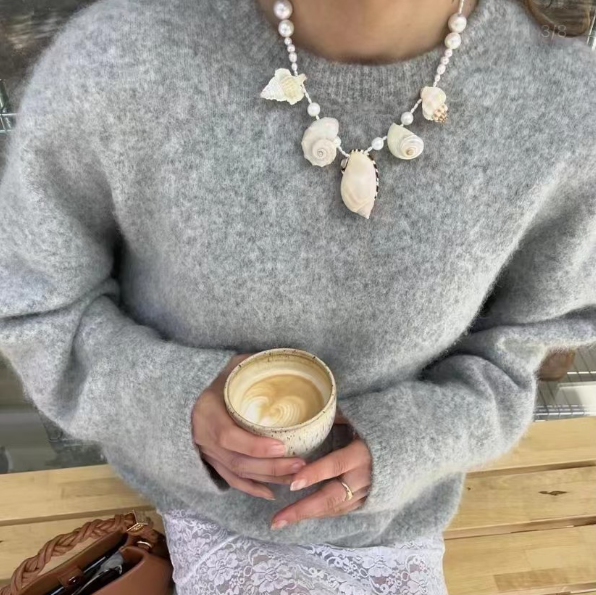 Conch Cowrie Shell Pearl Pendant Necklace Retro Vintage Style