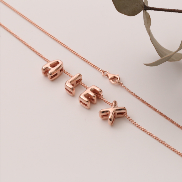 A-Z Custom Letter Word Name Necklace + 10mm Heart Chain Rose Gold Plated