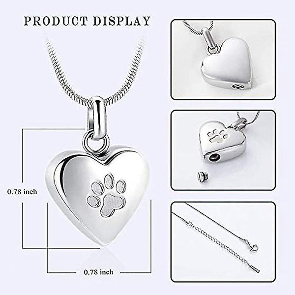 Paw Print Heart Pet Memorial Cremation Ashes Urn Stainless Jewellery Necklace