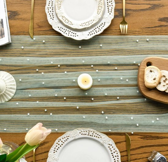 Gauze Tablerunner With Faux White Pearls 30 x 120 Inches Weddings Parties Light Green