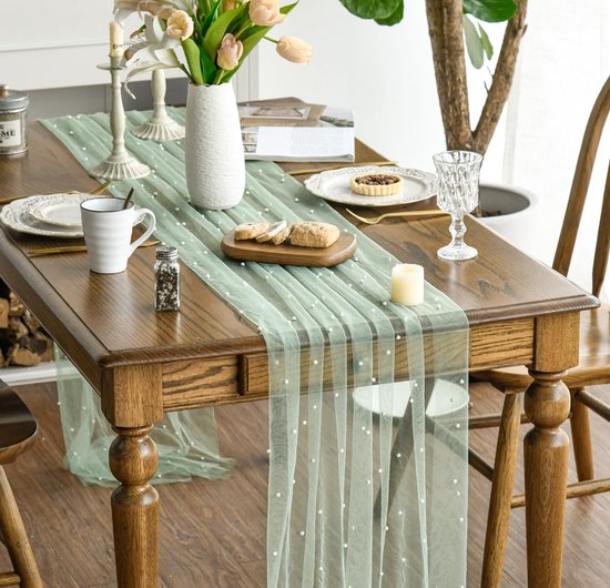 Gauze Tablerunner With Faux White Pearls 30 x 120 Inches Weddings Parties Light Green