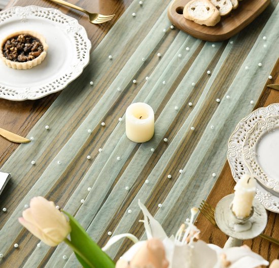 Gauze Tablerunner With Faux White Pearls 30 x 120 Inches Weddings Parties Light Green