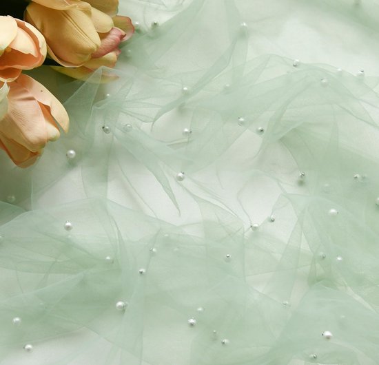 Gauze Tablerunner With Faux White Pearls 30 x 120 Inches Weddings Parties Light Green