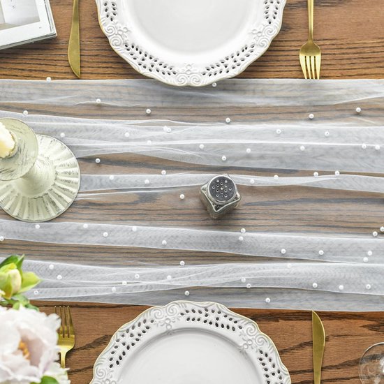 Gauze Tablerunner With Faux White Pearls 30 x 120 Inches Weddings Parties White