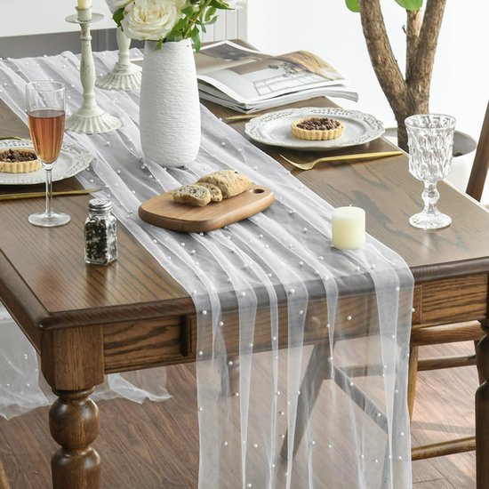 Gauze Tablerunner With Faux White Pearls 30 x 120 Inches Weddings Parties White