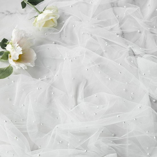 Gauze Tablerunner With Faux White Pearls 30 x 120 Inches Weddings Parties White