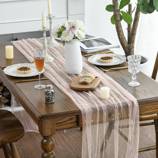 Gauze Tablerunner With Faux White Pearls 30 x 120 Inches Weddings Parties Pink