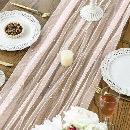 Gauze Tablerunner With Faux White Pearls 30 x 120 Inches Weddings Parties Pink