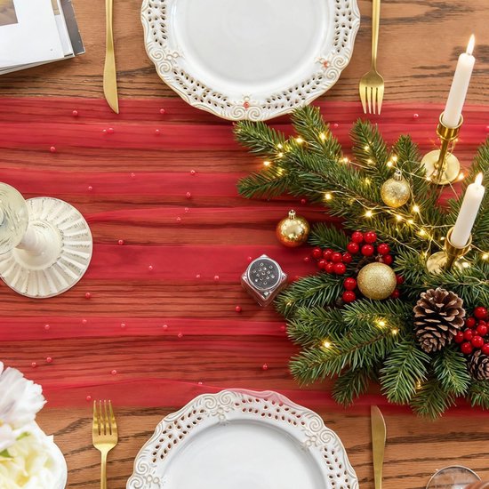 Gauze Tablerunner With Faux White Pearls 30 x 120 Inches Weddings Parties Red