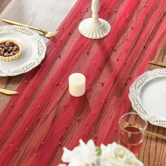 Gauze Tablerunner With Faux White Pearls 30 x 120 Inches Weddings Parties Red