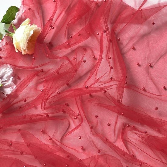 Gauze Tablerunner With Faux White Pearls 30 x 120 Inches Weddings Parties Red