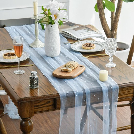 Gauze Tablerunner With Faux White Pearls 30 x 120 Inches Weddings Parties Light Blue