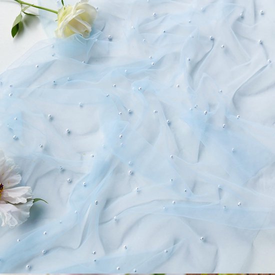 Gauze Tablerunner With Faux White Pearls 30 x 120 Inches Weddings Parties Light Blue