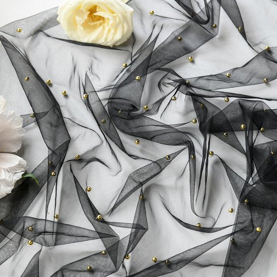 Gauze Tablerunner With Faux White Pearls 30 x 120 Inches Weddings Parties Black