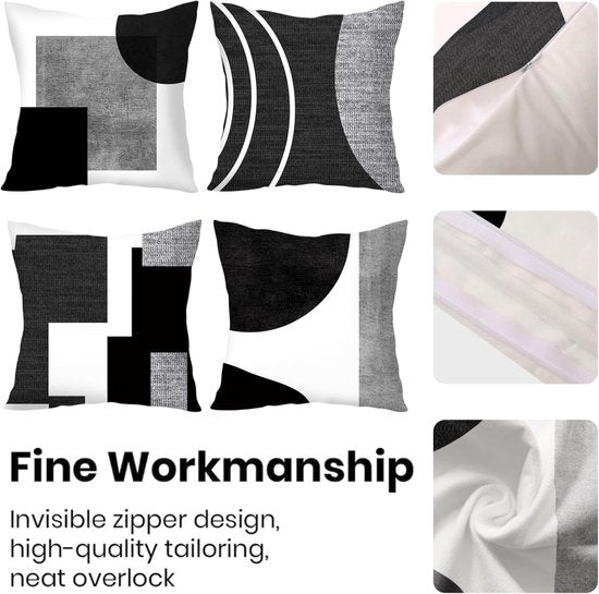 4 x Black White Grey Geometric Pattern Cushion Covers 45cm