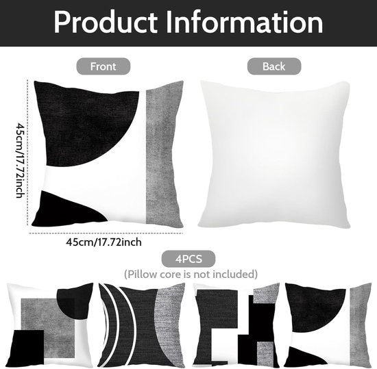 4 x Black White Grey Geometric Pattern Cushion Covers 45cm