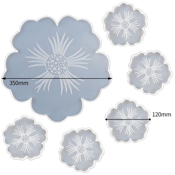 Silicone Resin Molds, 1PCS Large Resin Tray Mold and 5PCS Coaster Molds for Resin Casting, Flower Shape Epoxy Resins Casting Molds for, Home Decoration, Table Wine Tray-6 PCS