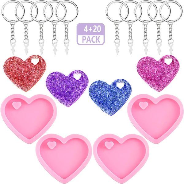 4 Pce Heart Keychain Silicone Molds Epoxy Resin + 20 Key Rings DIY Kit
