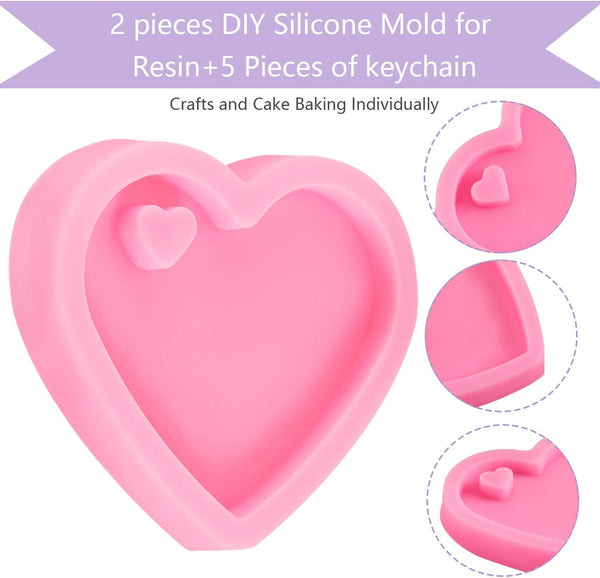 4 Pce Heart Keychain Silicone Molds Epoxy Resin + 20 Key Rings DIY Kit