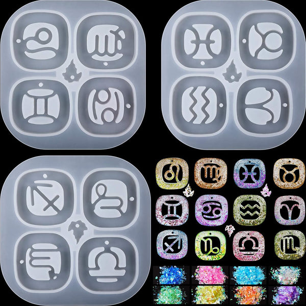 3 Pce Zodiac Sign Keychain Pendant Silicone Molds Resin Epoxy + Holographic Glitter