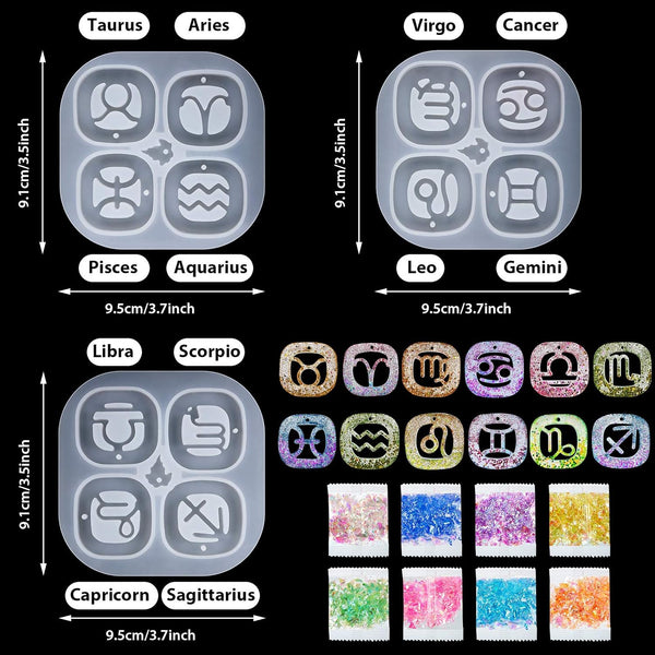 3 Pce Zodiac Sign Keychain Pendant Silicone Molds Resin Epoxy + Holographic Glitter