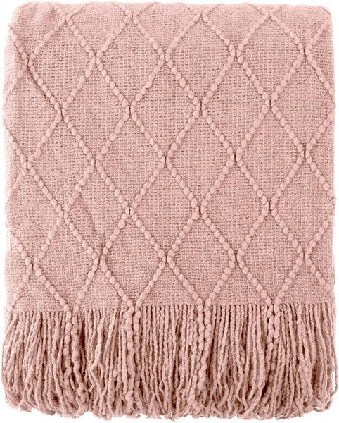 Diamond Minimalist Acrylic Knit Throw Blanket Tassel Fringe 50 × 80 Inches Pink