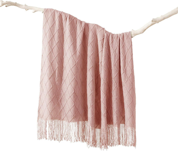 Diamond Minimalist Acrylic Knit Throw Blanket Tassel Fringe 50 × 80 Inches Pink