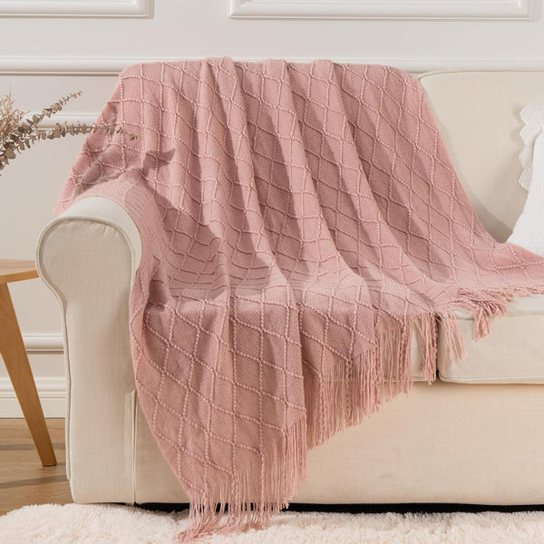 Diamond Minimalist Acrylic Knit Throw Blanket Tassel Fringe 50 × 80 Inches Pink