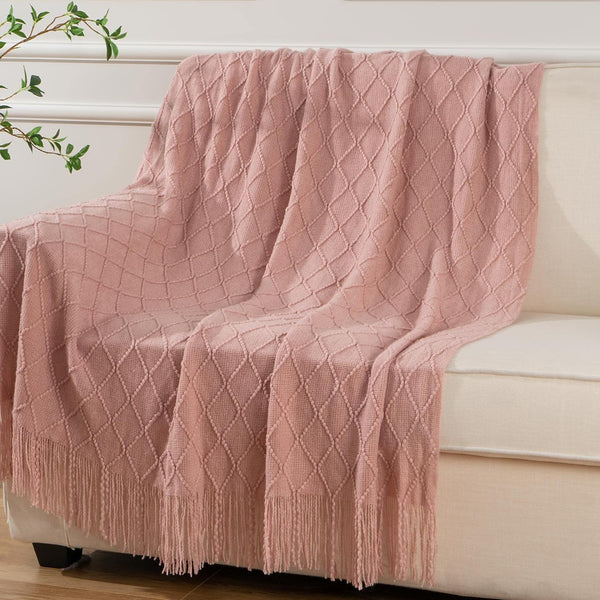 Diamond Minimalist Acrylic Knit Throw Blanket Tassel Fringe 50 × 80 Inches Pink
