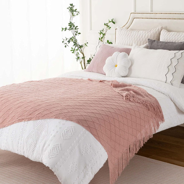 Diamond Minimalist Acrylic Knit Throw Blanket Tassel Fringe 50 × 80 Inches Pink