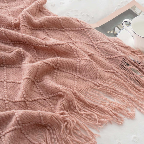 Diamond Minimalist Acrylic Knit Throw Blanket Tassel Fringe 50 × 80 Inches Pink