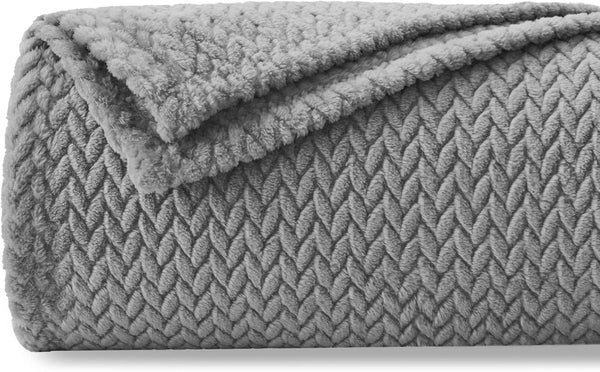 Super Soft Blanket Throw Flannel Fleece Leaves Pattern 50" x 60" Grey