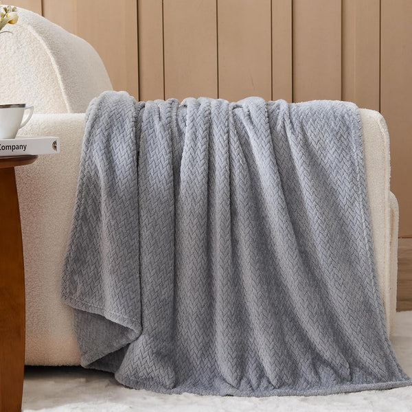 Super Soft Blanket Throw Flannel Fleece Leaves Pattern 50" x 60" Grey
