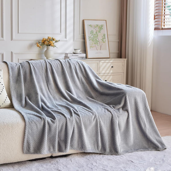 Super Soft Blanket Throw Flannel Fleece Leaves Pattern 50" x 60" Grey