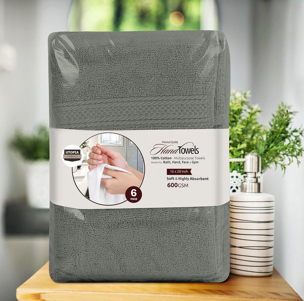 6 Pack Ring Spun Cotton Hand Towels 16 x 28 Inches 600gsm Grey