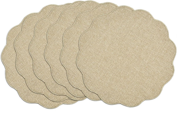 Set of 6 Faux Linen Placemats Heat Resistant Reversible Round 15" Beige