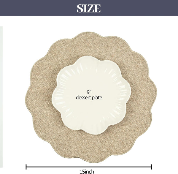 Set of 6 Faux Linen Placemats Heat Resistant Reversible Round 15" Beige