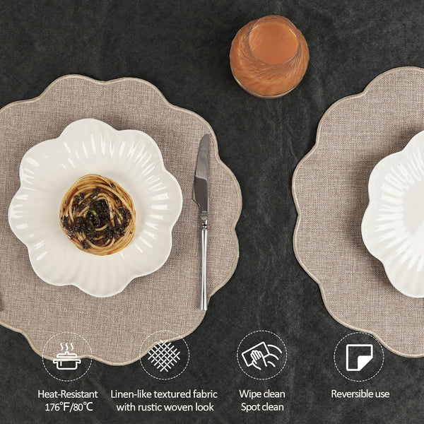 Set of 6 Faux Linen Placemats Heat Resistant Reversible Round 15" Beige