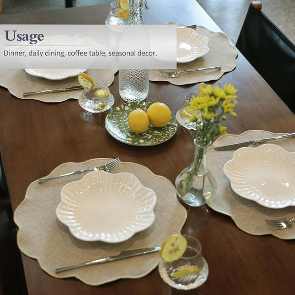 Set of 6 Faux Linen Placemats Heat Resistant Reversible Round 15" Beige