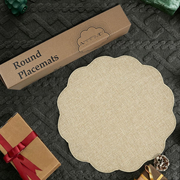 Set of 6 Faux Linen Placemats Heat Resistant Reversible Round 15" Beige