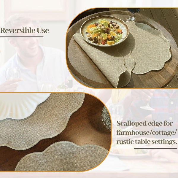 Set of 6 Faux Linen Placemats Heat Resistant Reversible Round 15" Beige
