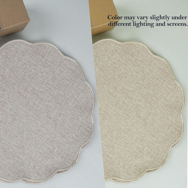 Set of 6 Faux Linen Placemats Heat Resistant Reversible Round 15" Beige