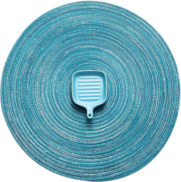 Set of 6 Round Braided Woven Heat Resistant Placemats 15" Blue Silver
