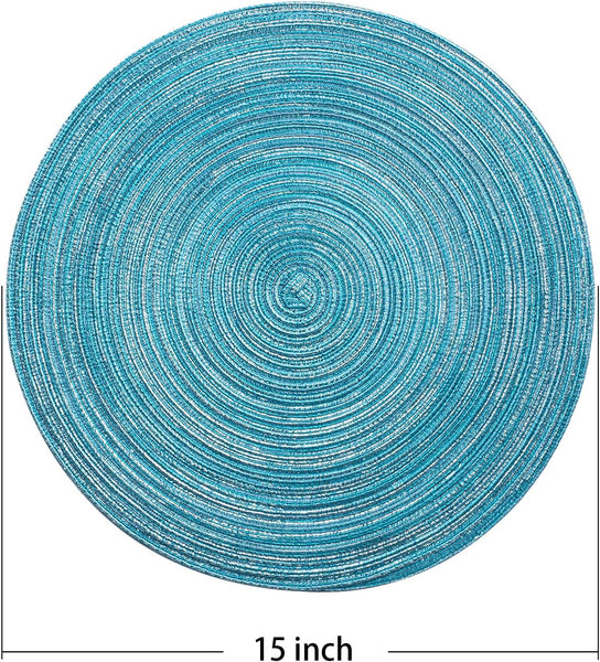 Set of 6 Round Braided Woven Heat Resistant Placemats 15" Blue Silver