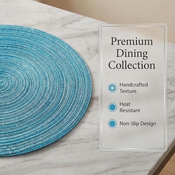 Set of 6 Round Braided Woven Heat Resistant Placemats 15" Blue Silver